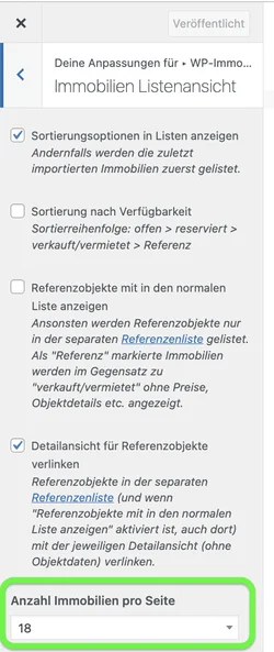 Customizer-Einstellung für die Anzahl der Immobilien pro Seite