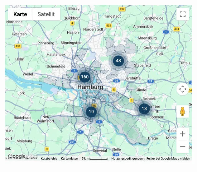 Mapa de inmuebles en el frontend con marcadores agrupados de los inmuebles en Hamburgo