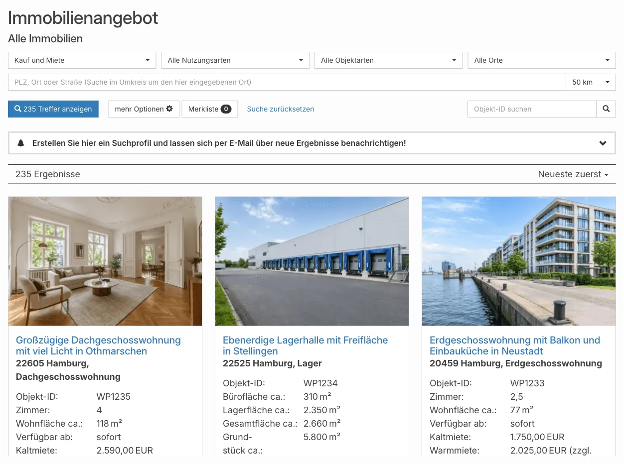 Listenansicht im Frontend mit Suchformular, Trefferzahl und den ersten Immobilien aus Hamburg
