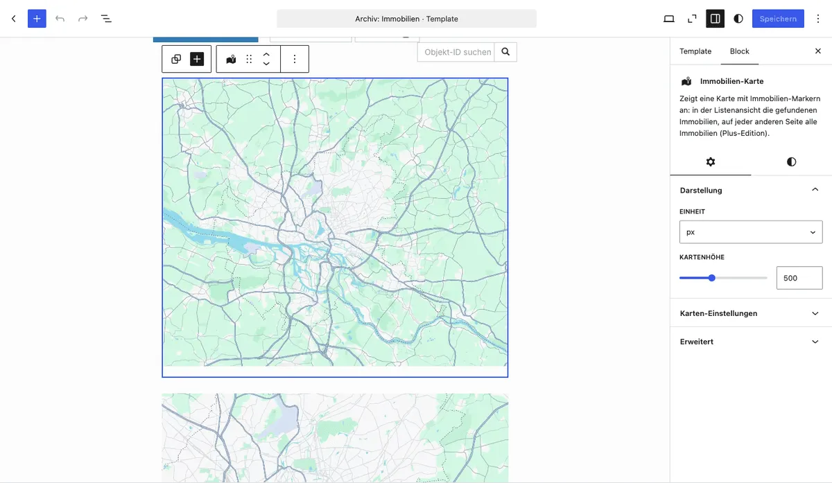 Bloque Mapa de inmuebles en el Site Editor con el inspector abierto y vista previa del mapa