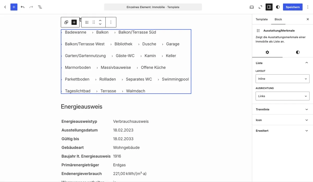 Block Ausstattung/Merkmale im Site Editor mit Layout Inline, rechts der Bereich Liste