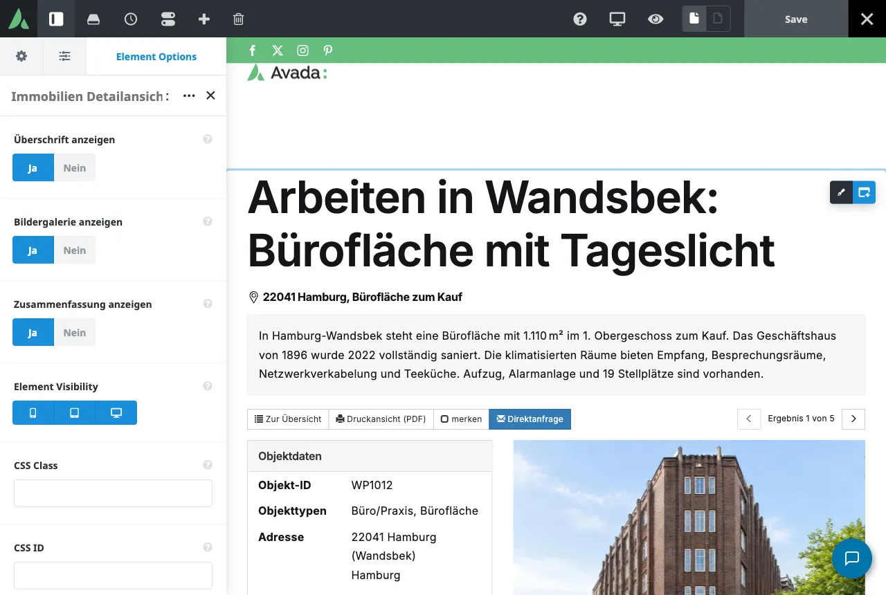 Live Builder mit den Optionen des Elements Immobilien Detailansicht und der Vorschau einer Immobilie