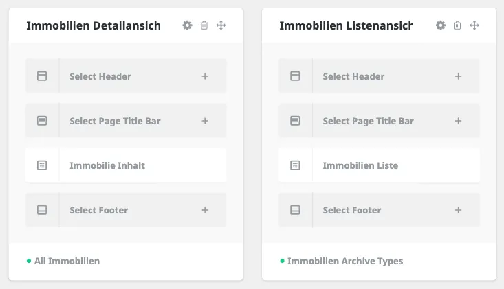 Avada Layouts mit den Layouts Immobilien Detailansicht (Bedingung All Immobilien) und Immobilien Listenansicht (Bedingung Immobilien Archive Types)