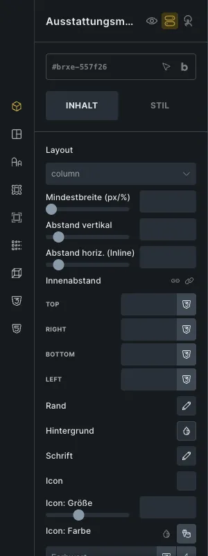 Bricks-Panel des Elements Ausstattung/Merkmale mit Layout, Abständen, Hintergrund, Schrift und Icon-Optionen