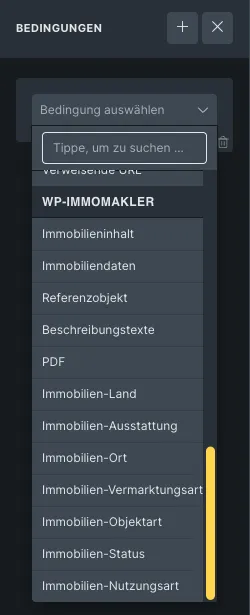 Bricks-Bedingungen eines Elements mit aufgeklappter Auswahl und der Gruppe WP-ImmoMakler