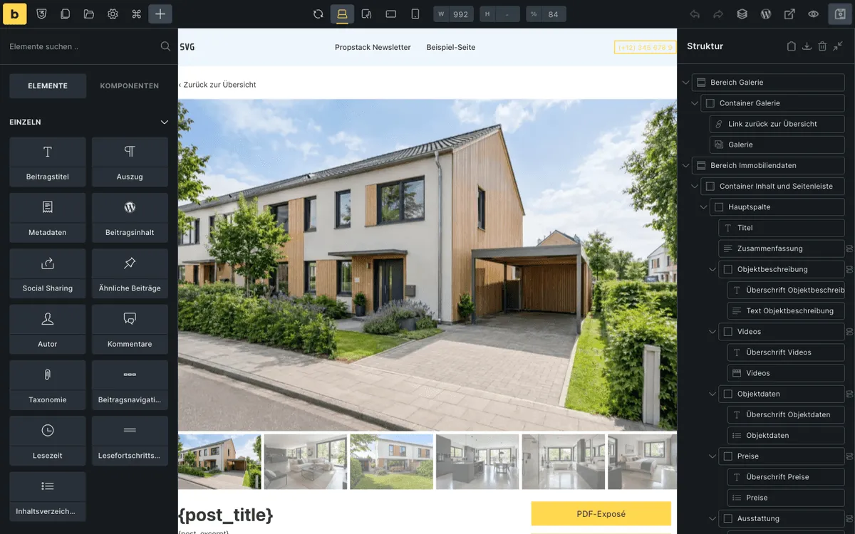 Bricks-Editor mit einem aus Einzel-Elementen aufgebauten Detailansicht-Template: links die Elemente, in der Mitte die Galerie, rechts die Struktur mit Galerie, Objektbeschreibung, Videos, Objektdaten und Preisen
