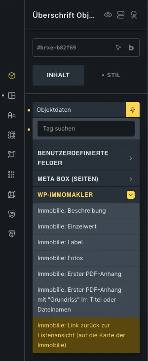 Bricks-Auswahl für dynamische Daten mit aufgeklappter Gruppe WP-ImmoMakler