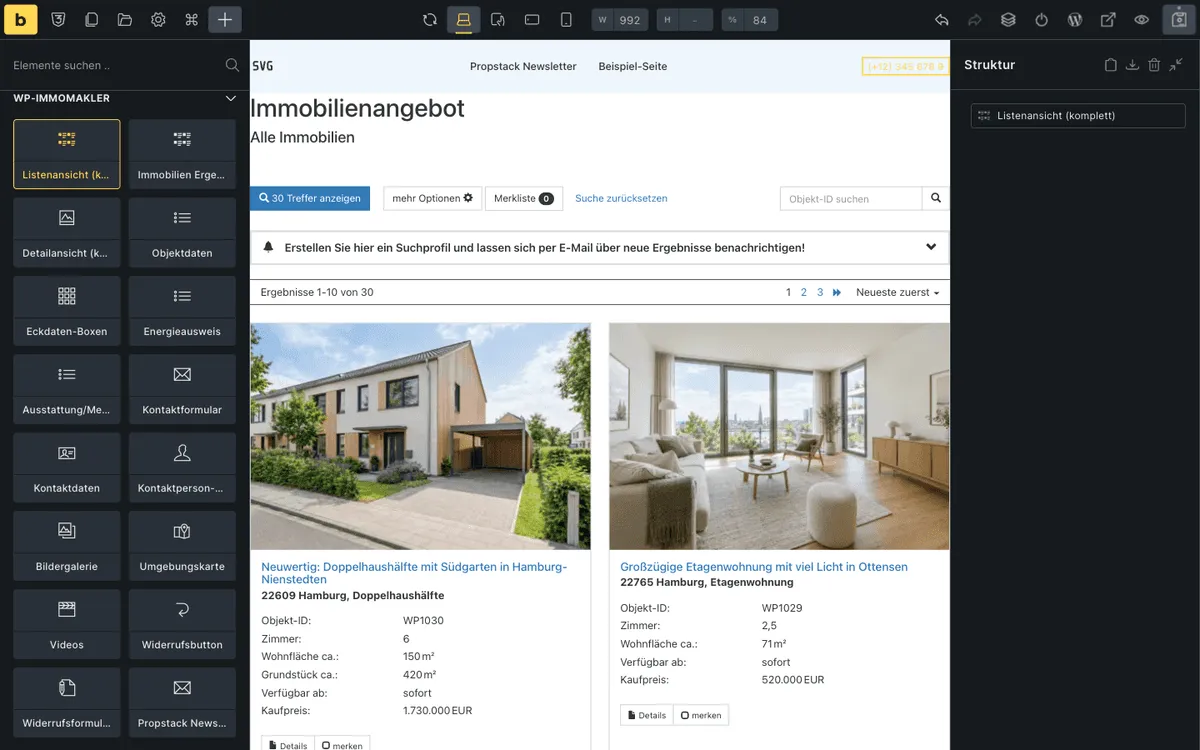 Bricks-Editor mit dem Element Listenansicht (komplett) im Archive-Template: Suchmaske, Trefferzahl, Sortierung und die ersten Immobilien