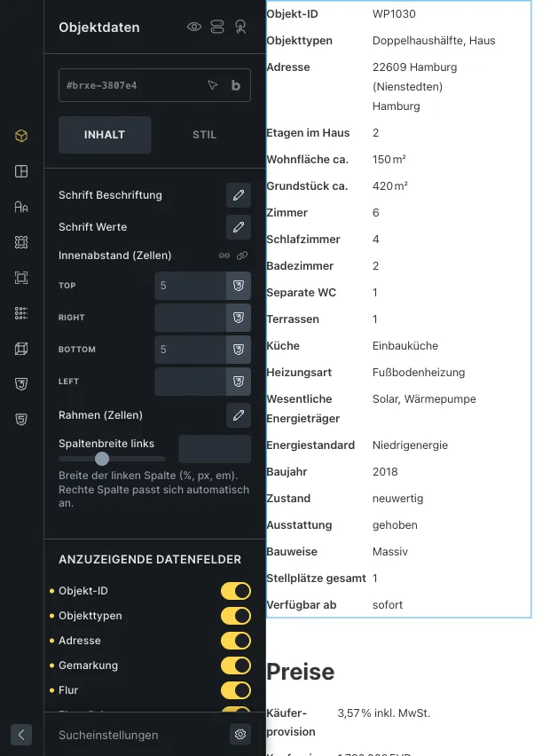 Bricks-Panel des Elements Objektdaten mit Schrift- und Abstandsoptionen und Schaltern für die anzuzeigenden Datenfelder, daneben das Element im Editor