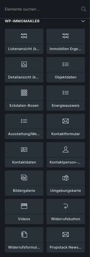 Bricks-Panel mit der Kategorie WP-ImmoMakler und allen Elementen