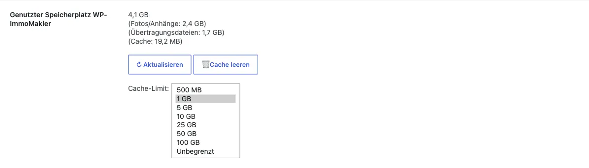 Aufgeklapptes Auswahlfeld Cache-Limit mit den Größen von 500 MB bis Unbegrenzt