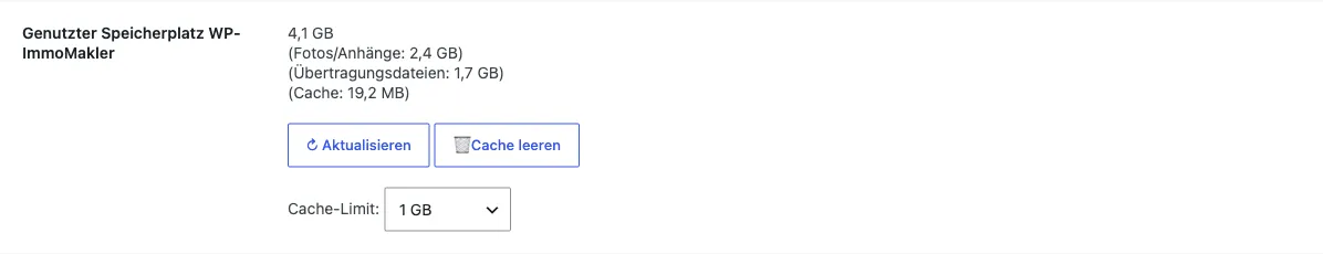 Zeile Genutzter Speicherplatz WP-ImmoMakler auf der Seite System Infos mit Größenangaben, Aktualisieren, Cache leeren und Cache-Limit