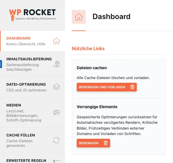 Dashboard von WP Rocket als Beispiel für ein Caching-Plugin, mit dem Bereich Dateien cachen und dem Button zum Bereinigen und Vorladen