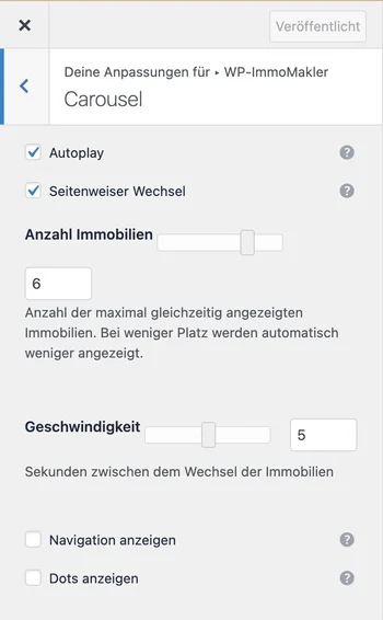 WP-ImmoMakler Carousel Shortcode-Optionen in den Einstellungen