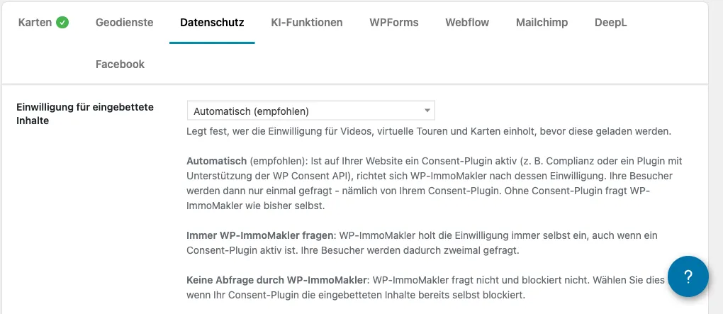 Paramètres WP-ImmoMakler – onglet Confidentialité avec l'option Consentement pour le contenu intégré