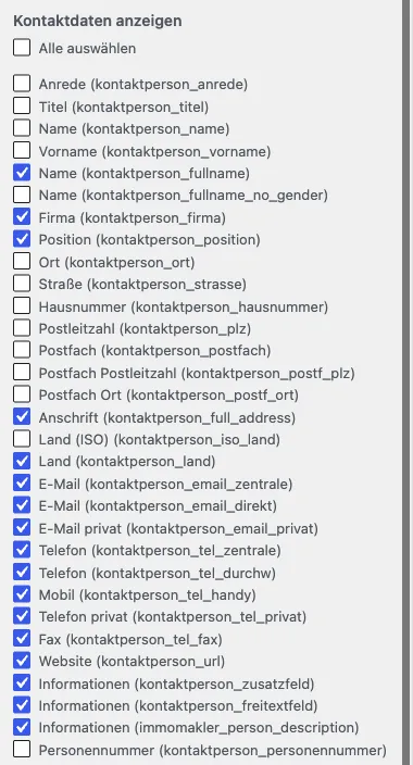 Customizer-Bereich Immobilien Detailansicht mit der Checkbox-Liste Kontaktdaten anzeigen