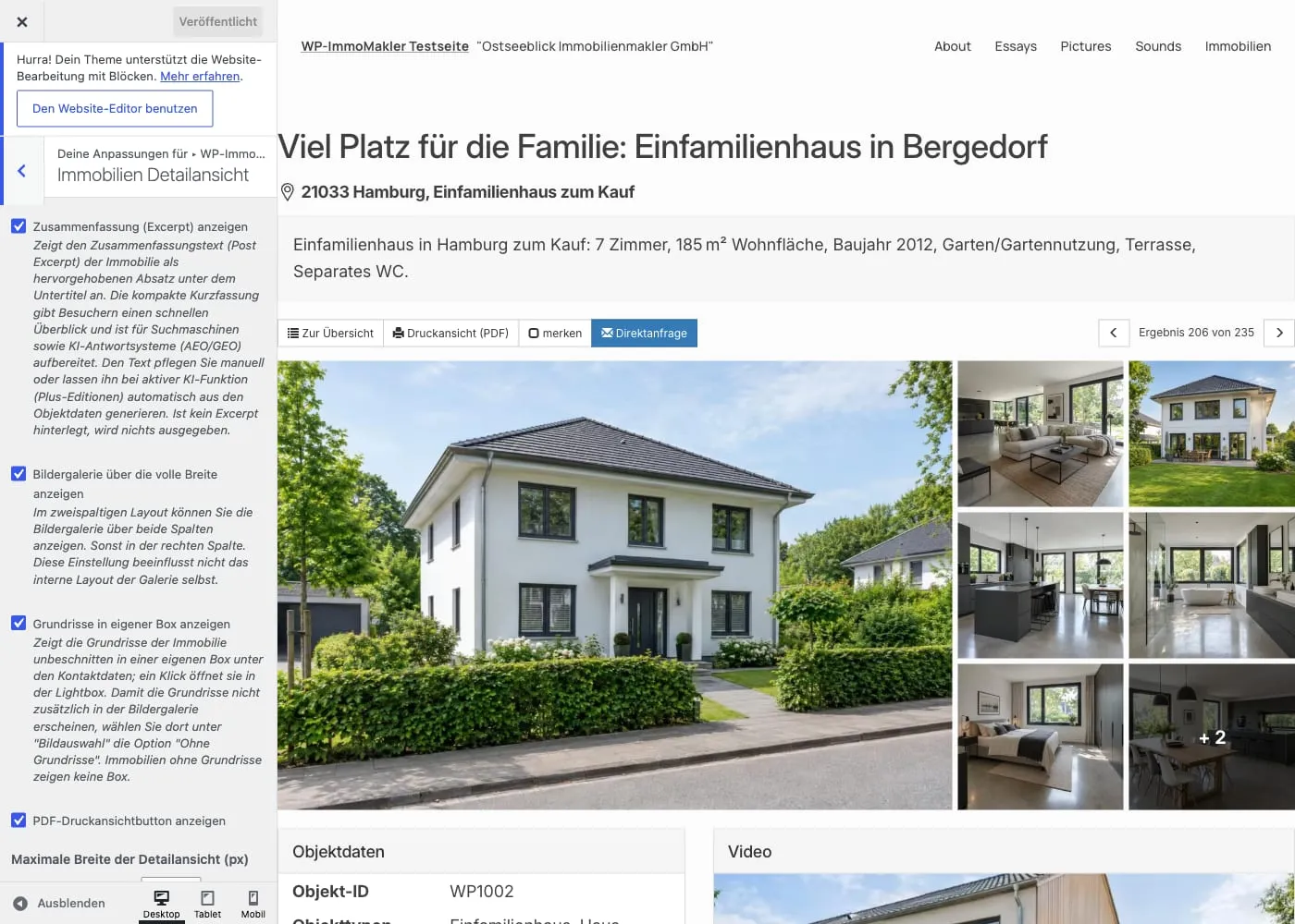 Customizer mit dem Bereich Immobilien Detailansicht und der Live-Vorschau einer Detailseite