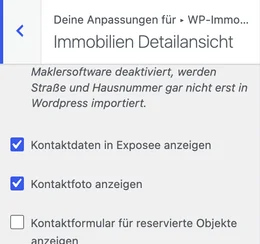 Customizer WP-ImmoMakler Immobilien Detailansicht mit den Checkboxen Kontaktdaten in Exposee anzeigen und Kontaktfoto anzeigen
