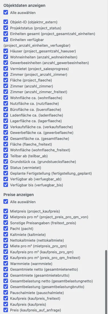 Customizer-Bereich Immobilien Listenansicht mit den Checkbox-Listen Objektdaten anzeigen und Preise anzeigen