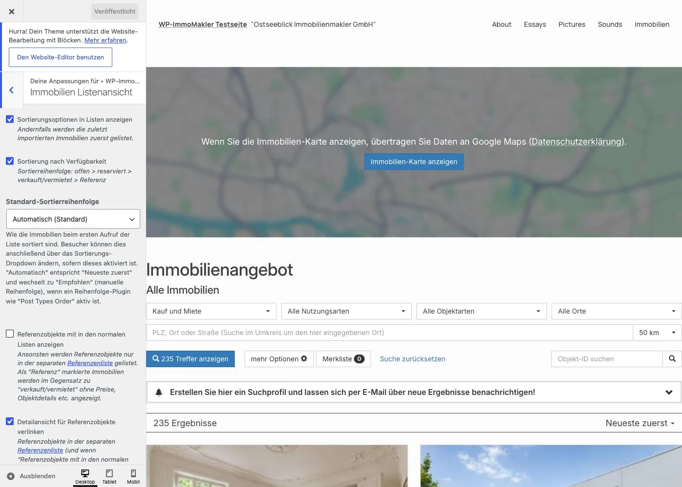 Customizer mit dem Bereich Immobilien Listenansicht und der Live-Vorschau der Immobilienliste
