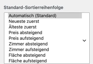 Aufgeklapptes Dropdown Standard-Sortierreihenfolge mit allen Sortier-Optionen