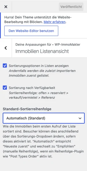 Customizer-Bereich Immobilien Listenansicht mit der Option Standard-Sortierreihenfolge auf Automatisch (Standard)