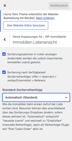 Sección del Customizer Vista de lista de inmuebles con la opción Orden predeterminado en Automático (predeterminado)