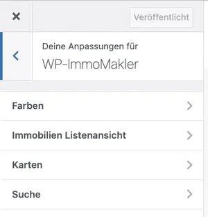 Customizer-Bereich Suche mit allen Optionen