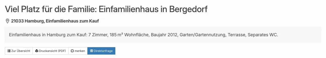 Detailseite einer Immobilie mit der hervorgehobenen Zusammenfassung unter Titel und Ortsangabe