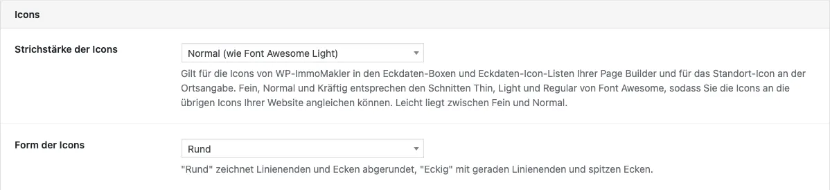Abschnitt Icons im Tab Darstellung mit den Feldern Strichstärke der Icons und Form der Icons