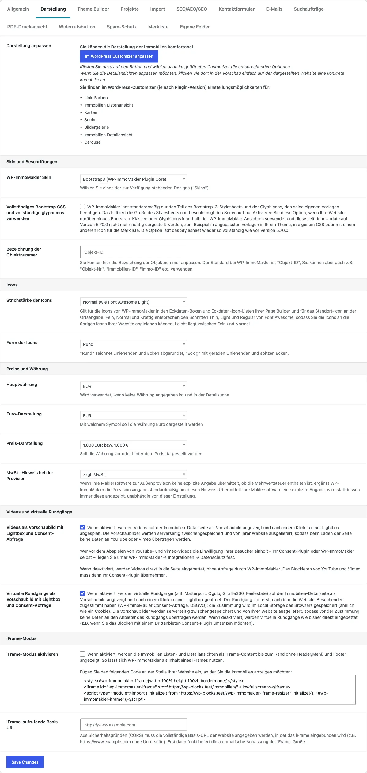 Tab Darstellung der WP-ImmoMakler-Einstellungen mit dem Customizer-Button und allen Optionen