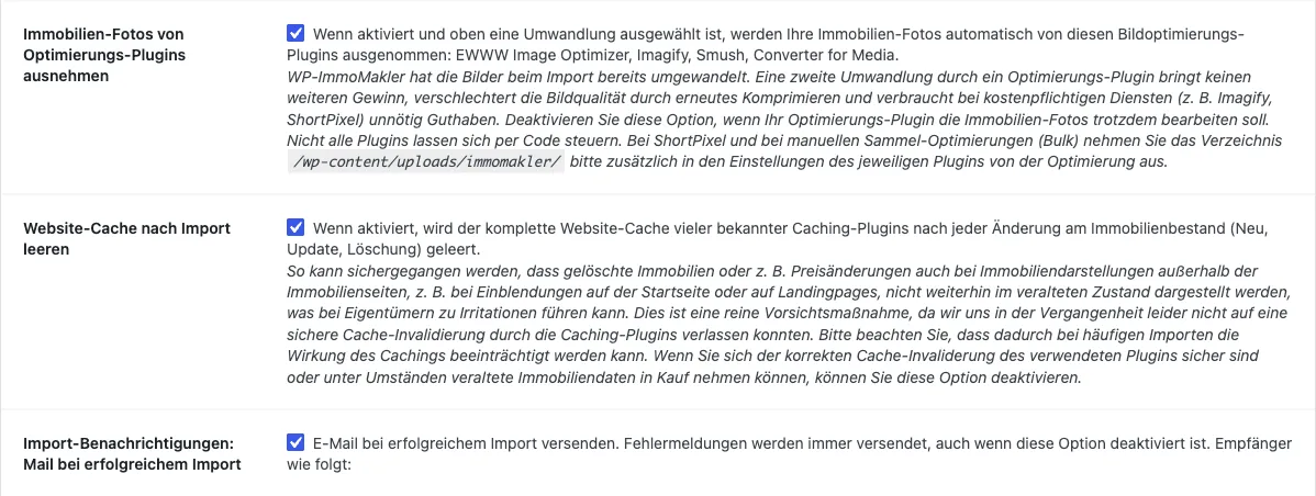 Tab Import der WP-ImmoMakler-Einstellungen mit der Checkbox Website-Cache nach Import leeren