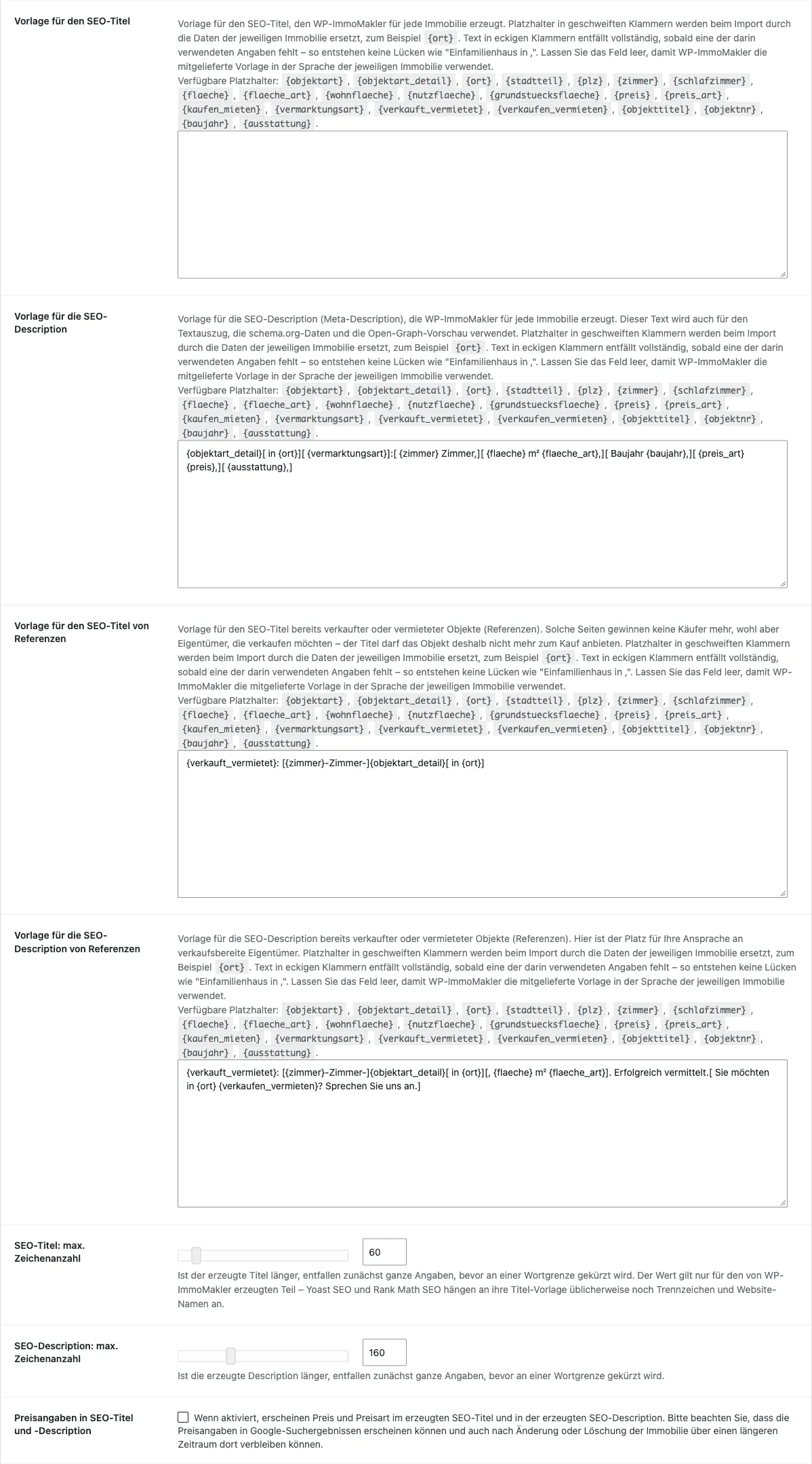 Tab SEO/AEO/GEO mit den Vorlagen für SEO-Titel und SEO-Description, den Vorlagen für Referenzen, den Feldern für die maximale Zeichenanzahl und der Preis-Einstellung