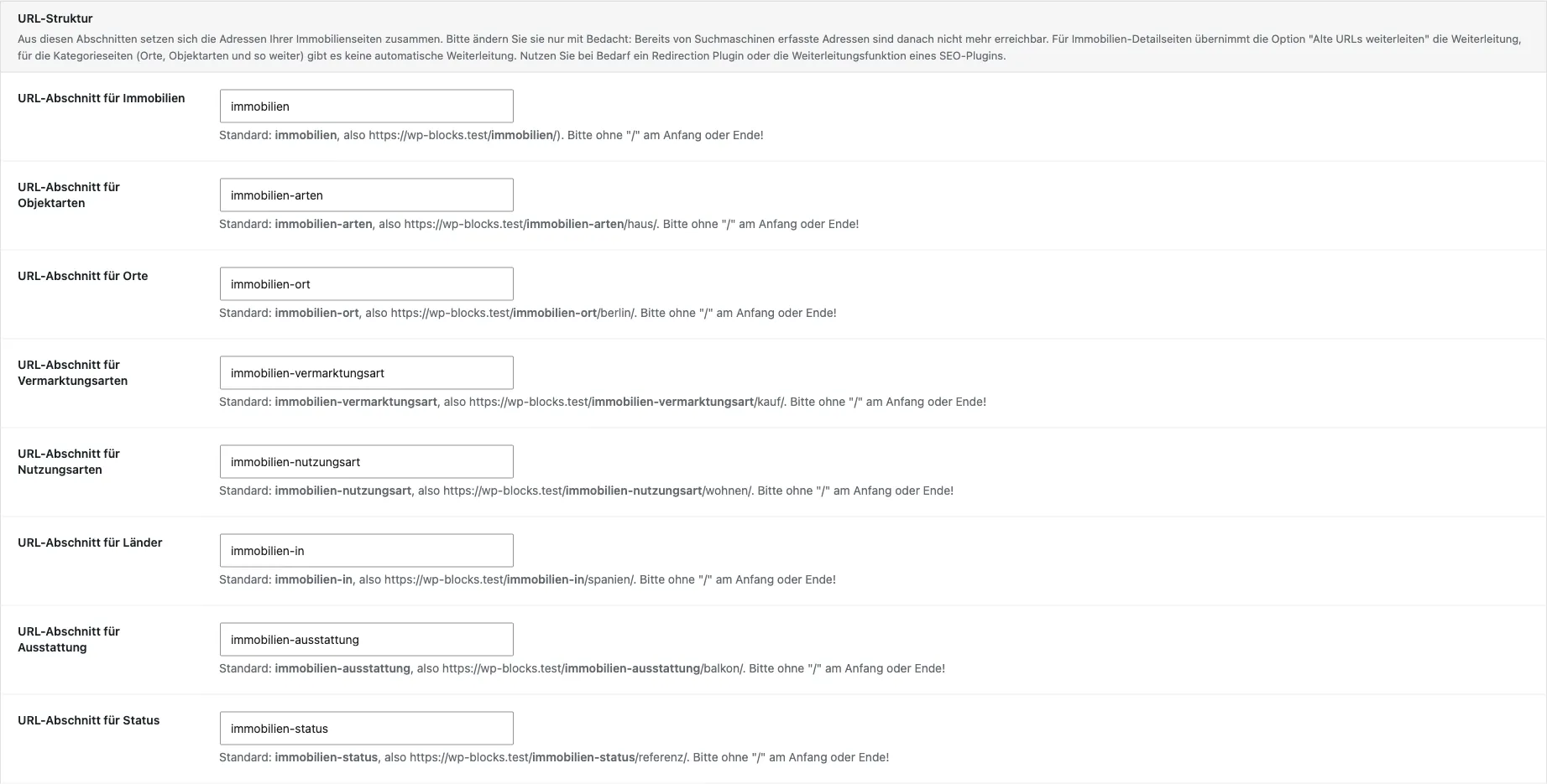 Der Bereich URL-Struktur auf dem Tab SEO/AEO/GEO mit allen acht Feldern