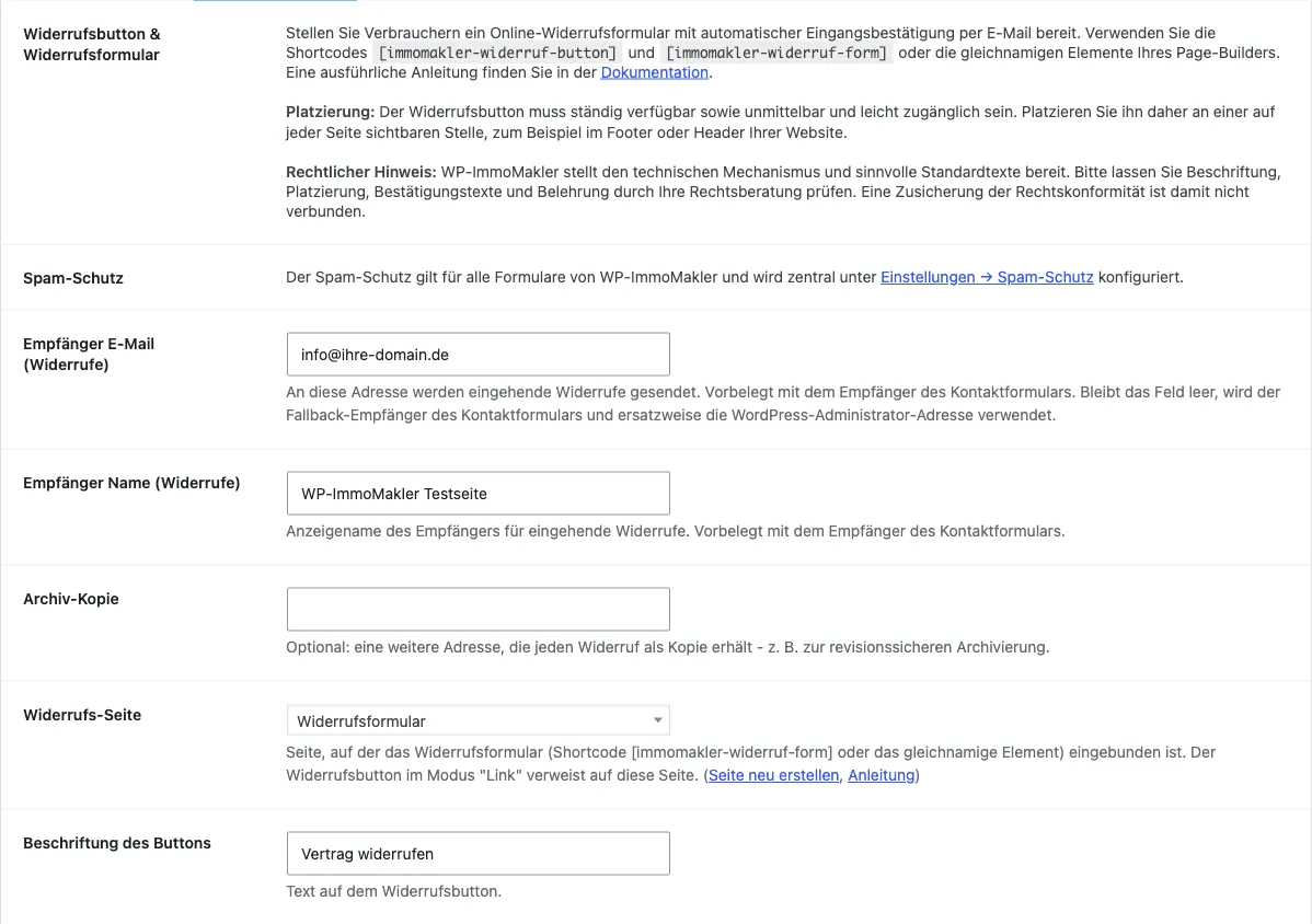 Tab Widerrufsbutton mit Hinweisen, Spam-Schutz, Empfänger-Feldern, Archiv-Kopie, Widerrufs-Seite und Beschriftung des Buttons