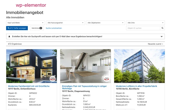 Immobilien-Listenansicht im Frontend mit Suchformular und Immobilienkacheln