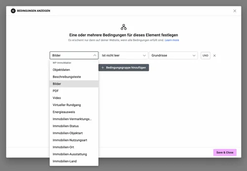 Elementor Anzeigebedingungen mit den WP-ImmoMakler Feldern in der Auswahlliste