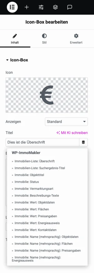 Elementor Dynamic-Tags-Auswahl mit den WP-ImmoMakler Feldern