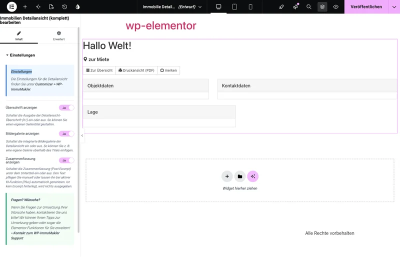 Elementor-Editor mit dem Widget Immobilien Detailansicht (komplett): links die Optionen Überschrift anzeigen, Bildergalerie anzeigen und Zusammenfassung anzeigen, rechts die gerenderte Detailansicht