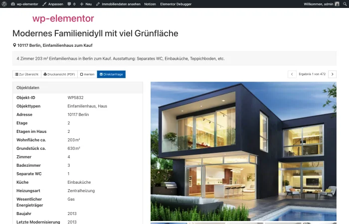 Immobilien-Detailansicht im Frontend mit Galerie und Objektdaten-Tabelle