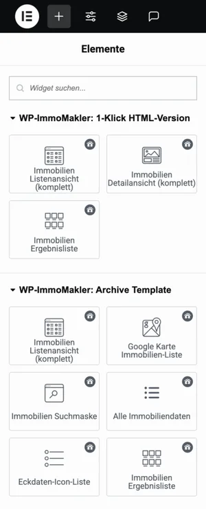 Elementor Sidebar mit den WP-ImmoMakler Widget-Kategorien 1-Klick HTML-Version und Archive Template