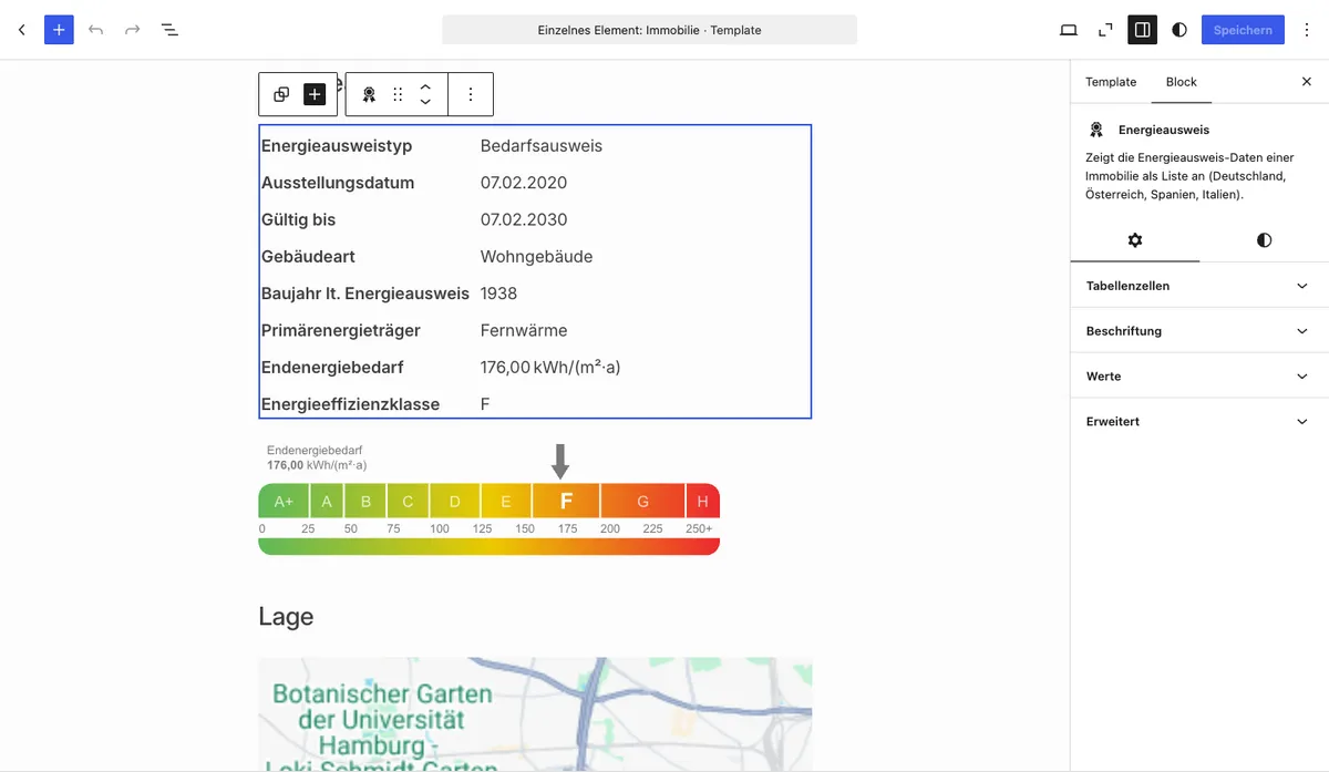 Bloque Certificado energético en el editor con la lista de datos del certificado energético de un inmueble