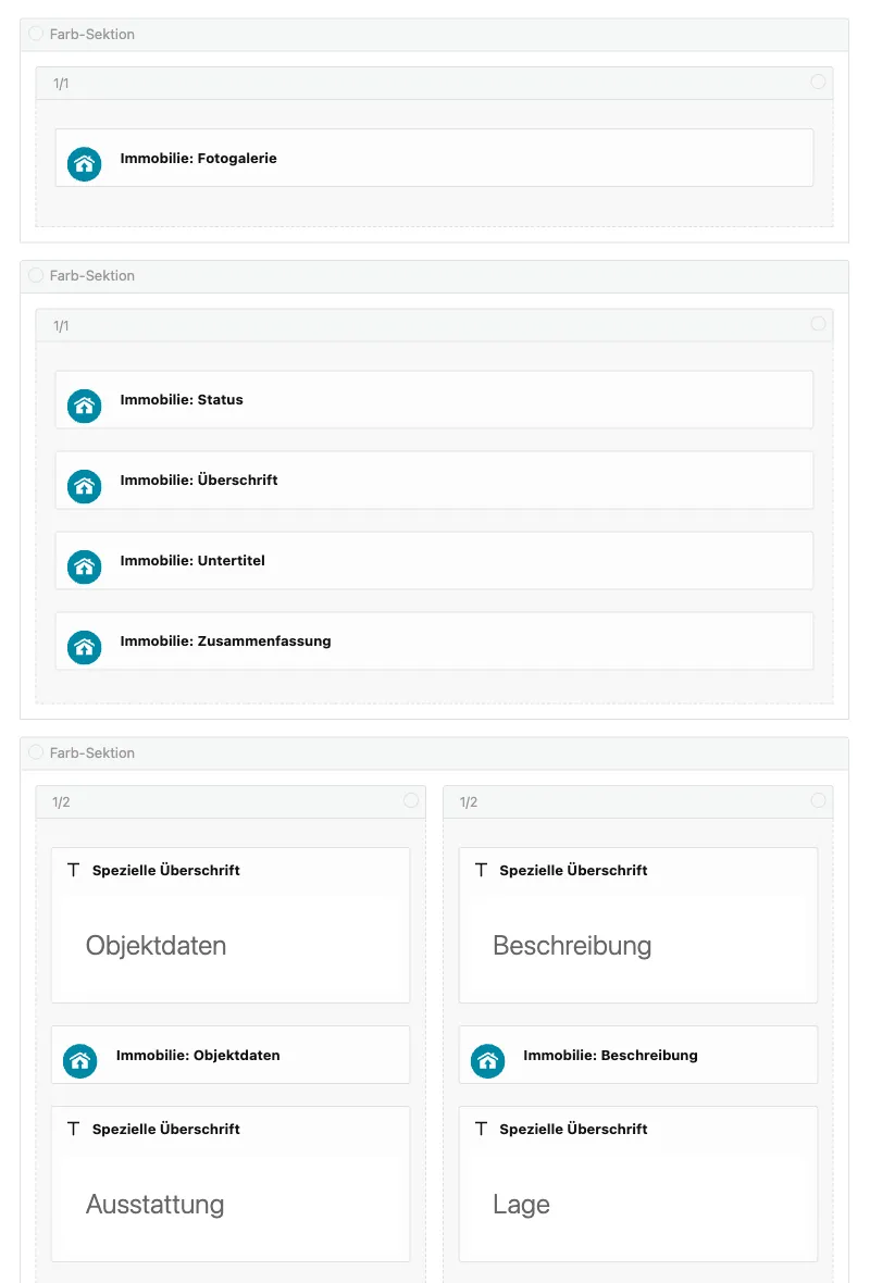 Vorlagenseite im Avia Layout Builder mit Farb-Sektionen und den einzelnen WP-ImmoMakler-Elementen