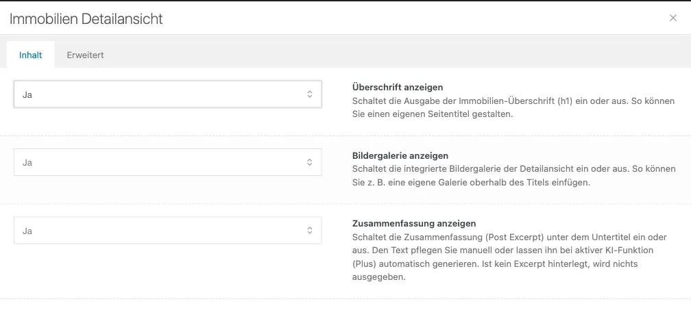 Fenster des Elements Immobilien Detailansicht mit den Optionen im Reiter Inhalt