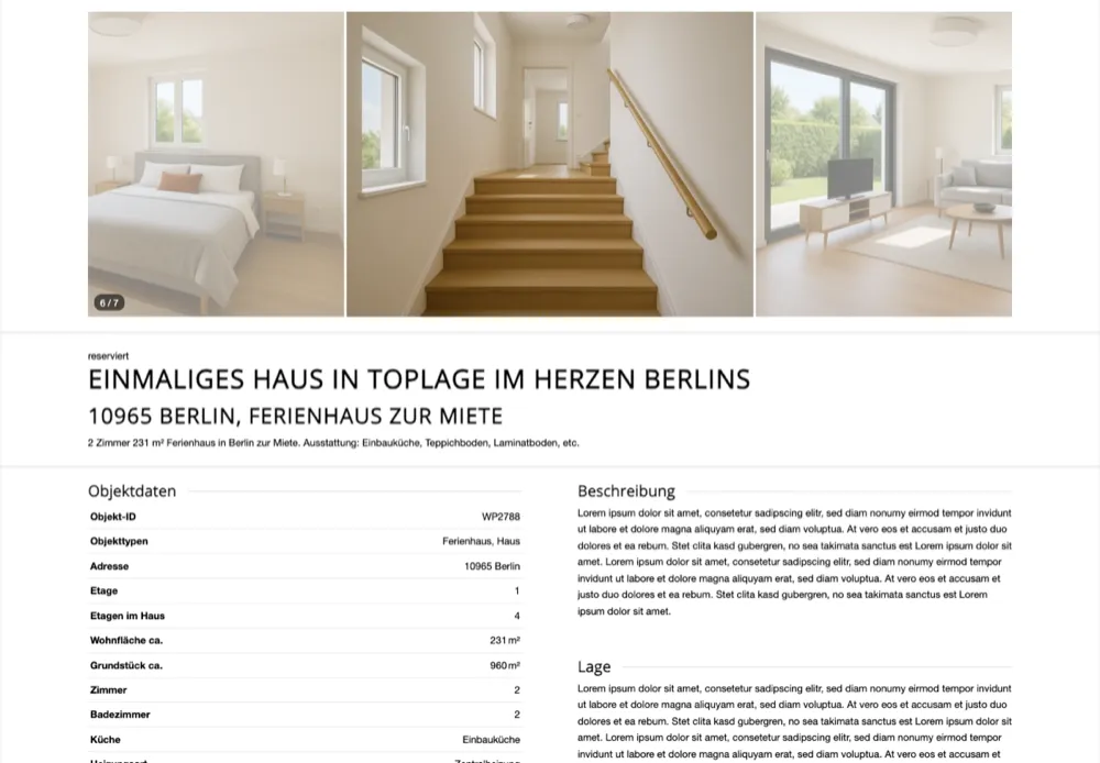 Detailansicht einer Immobilie im Enfold-Layout mit Fotogalerie, Ueberschrift, Objektdaten und Beschreibung