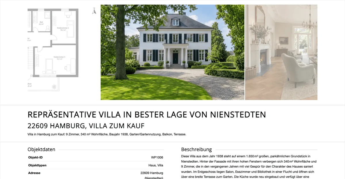 Immobilien-Detailseite unter Enfold, dargestellt aus einer Vorlagenseite: Bildergalerie, Titel, Ortsangabe, Zusammenfassung, Objektdaten und Beschreibung