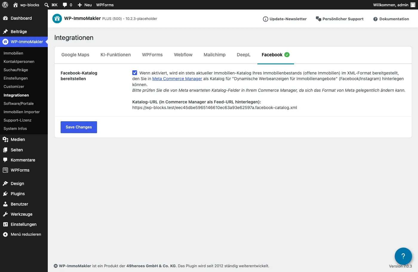 WP-ImmoMakler Einstellungen für Facebook: aktivierte Option Facebook-Katalog bereitstellen mit angezeigter Katalog-URL