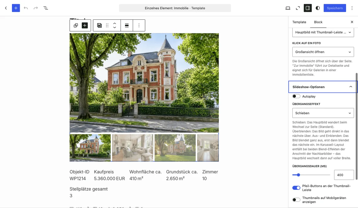Block Immobilien-Galerie im Site Editor mit geöffneten Bereichen Galerie-Typ und Layout sowie Slideshow-Optionen