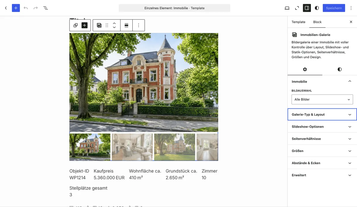 Block Immobilien-Galerie im Site Editor, rechts der geöffnete Bereich Immobilie mit der Bildauswahl