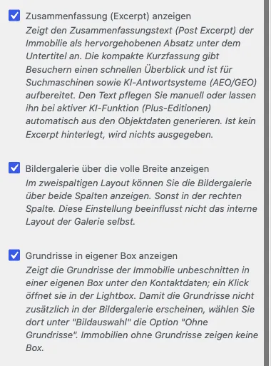 Customizer-Bereich Immobilien Detailansicht mit der Checkbox Bildergalerie über die volle Breite anzeigen